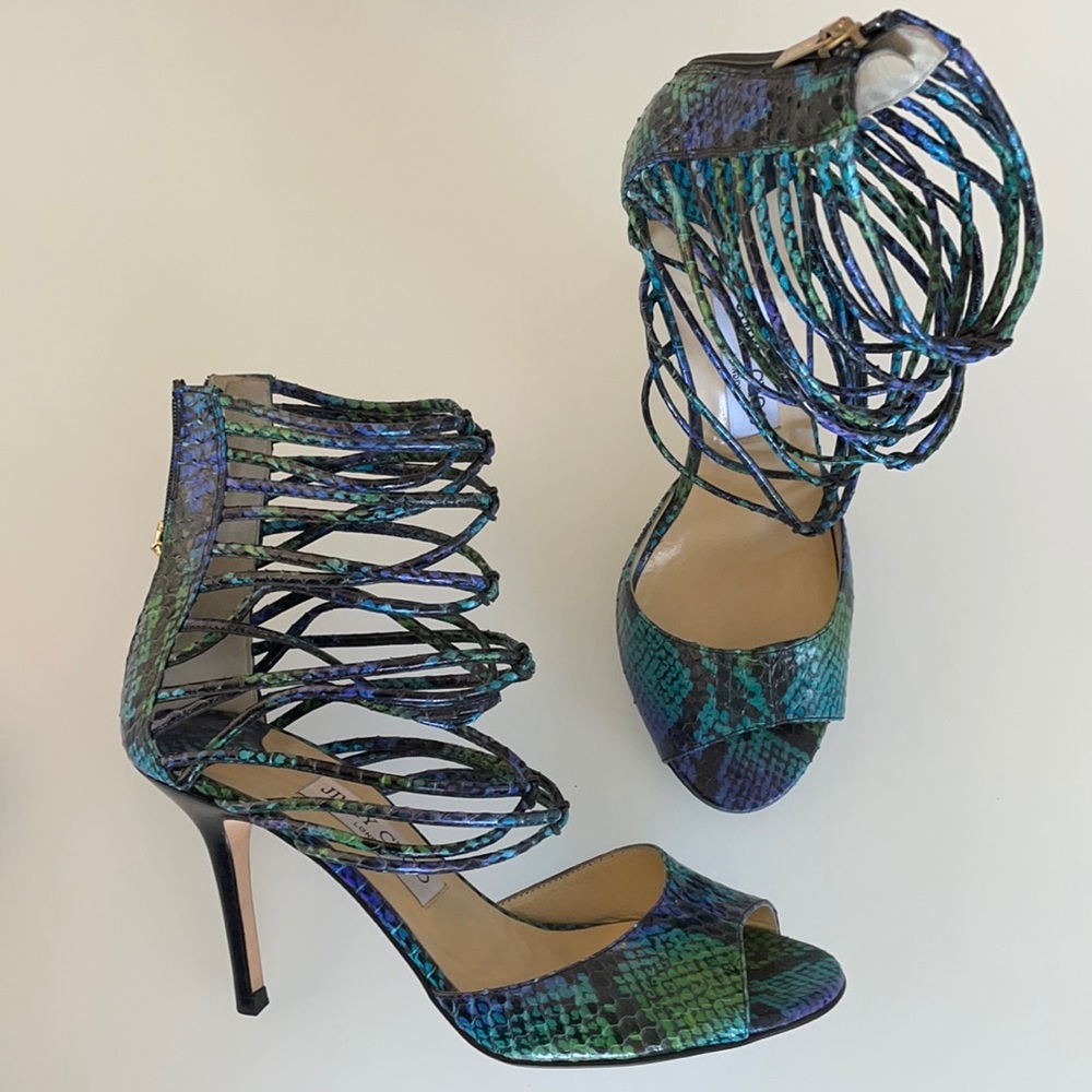 Blue green snake skin Jimmy Choo strappy, heels